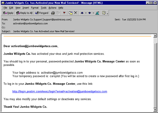 Message Center Welcome E-mail