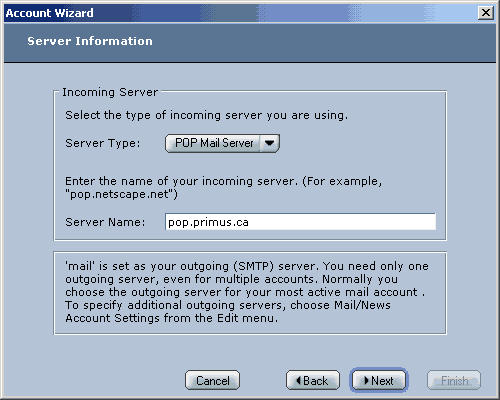Account Wizard - Server Information